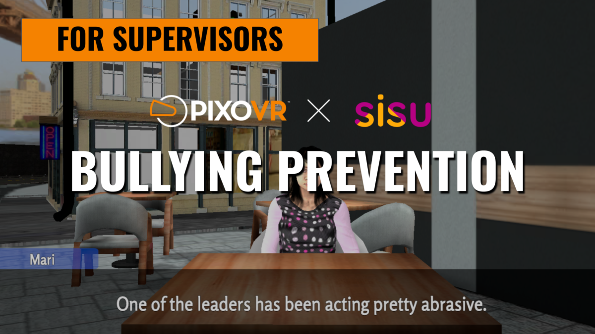 A supervisor sitting at a table with bullying prevention title card