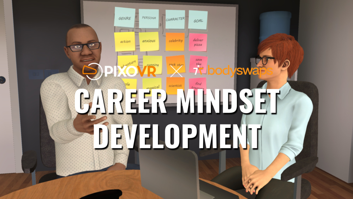 Two simuated people at a table. Career mindset development title overlay