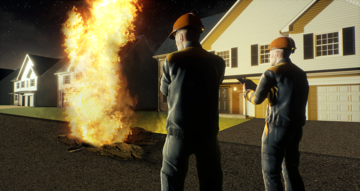 A simulation of two workers examining a fire in VR