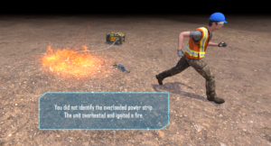 A simulated worker running from an electrical fire