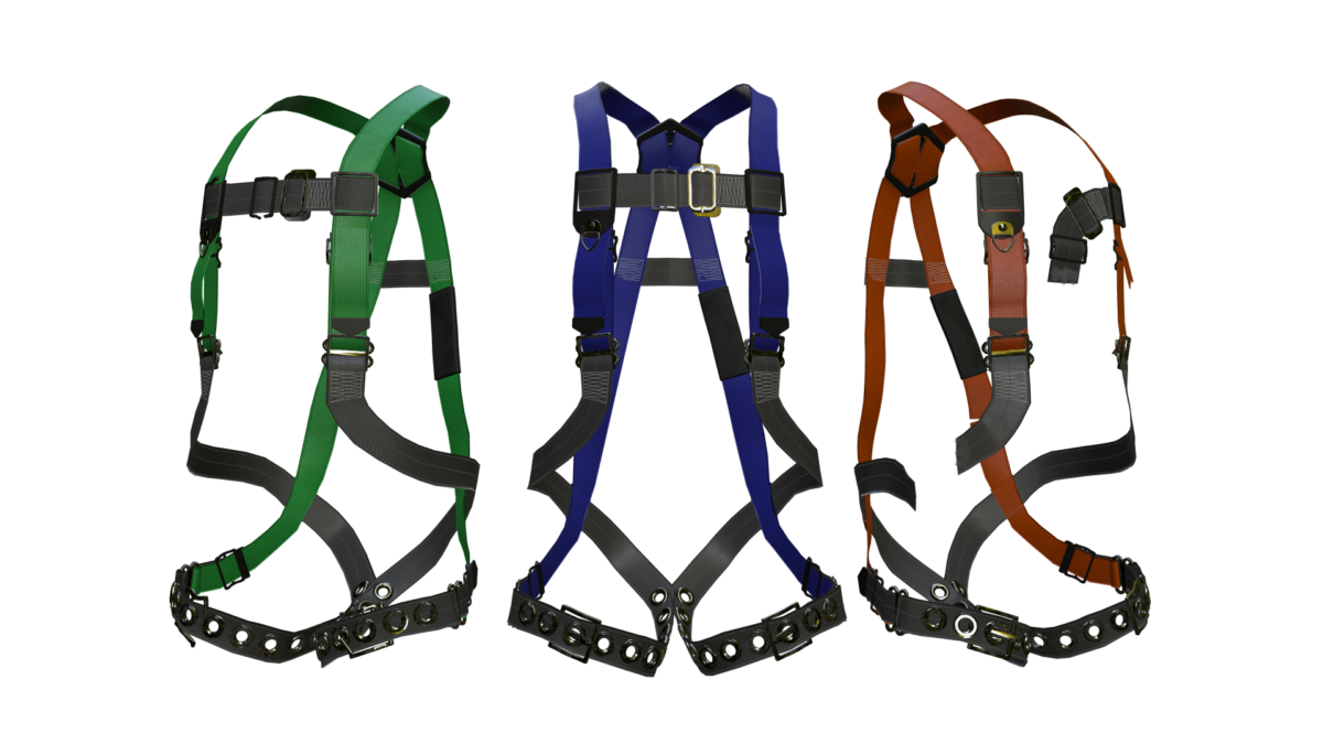 A green, blue, and red harness