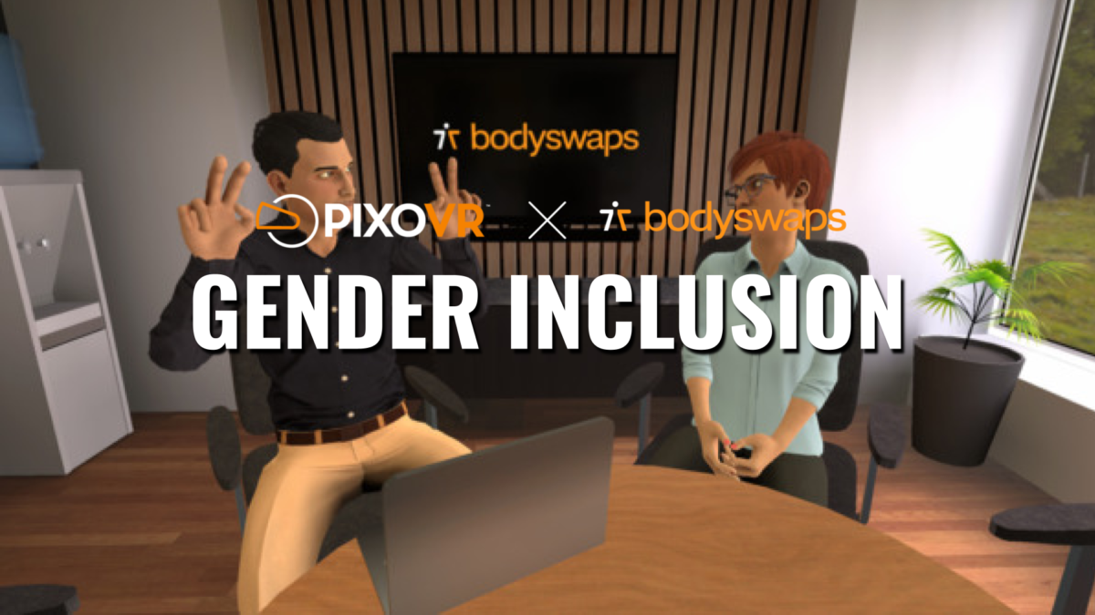 Two simuated people having a conversation at a table. Gender Inclusion title overlay