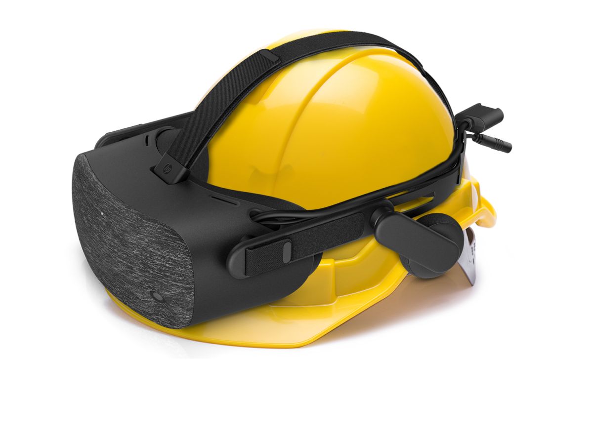 A VR headset on a hardhat