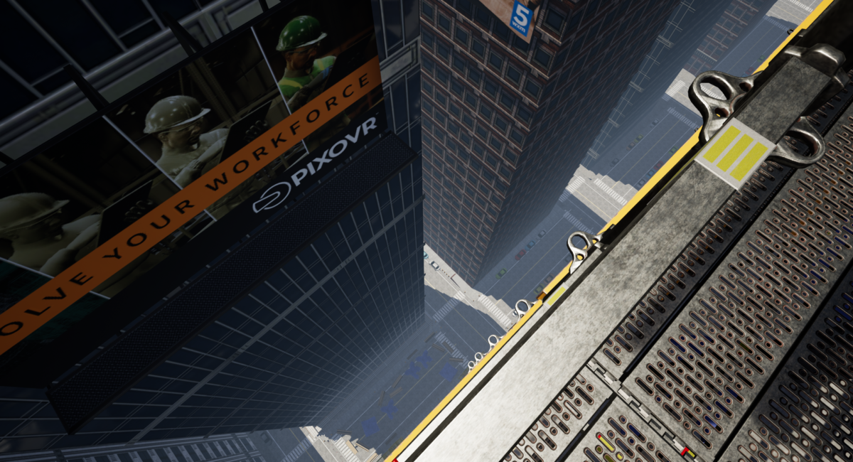 A simulation looking down from the top of a building to the steet