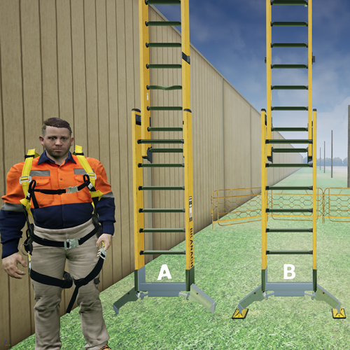 A construction worker choosing which ladder to use