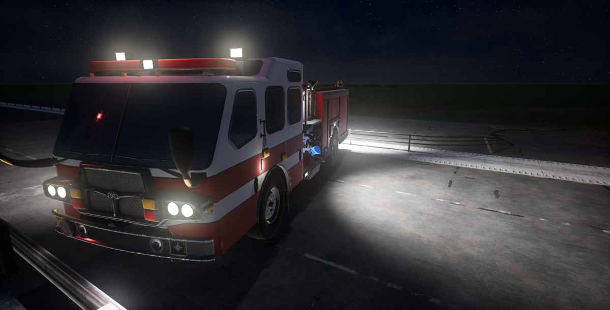A simulation of a fire truck at night with its lights on