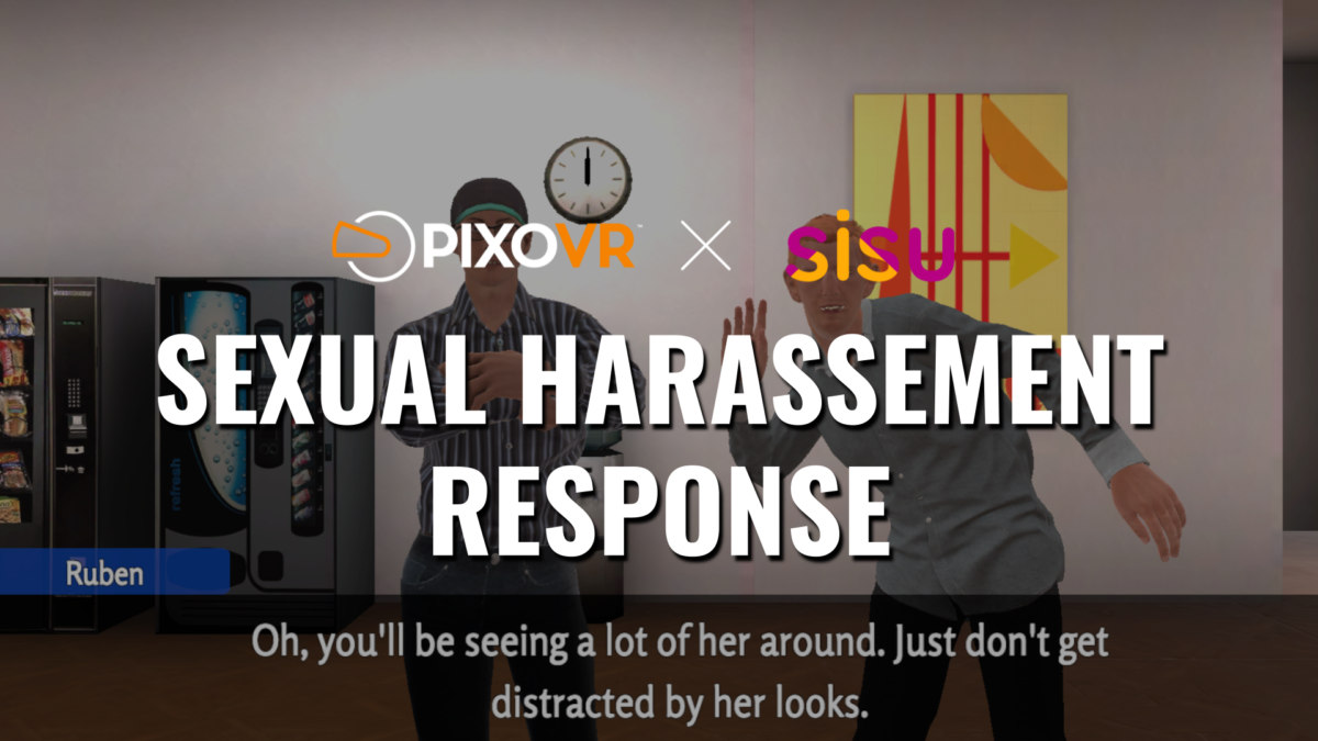 Two people talking sexual harassment response overlay