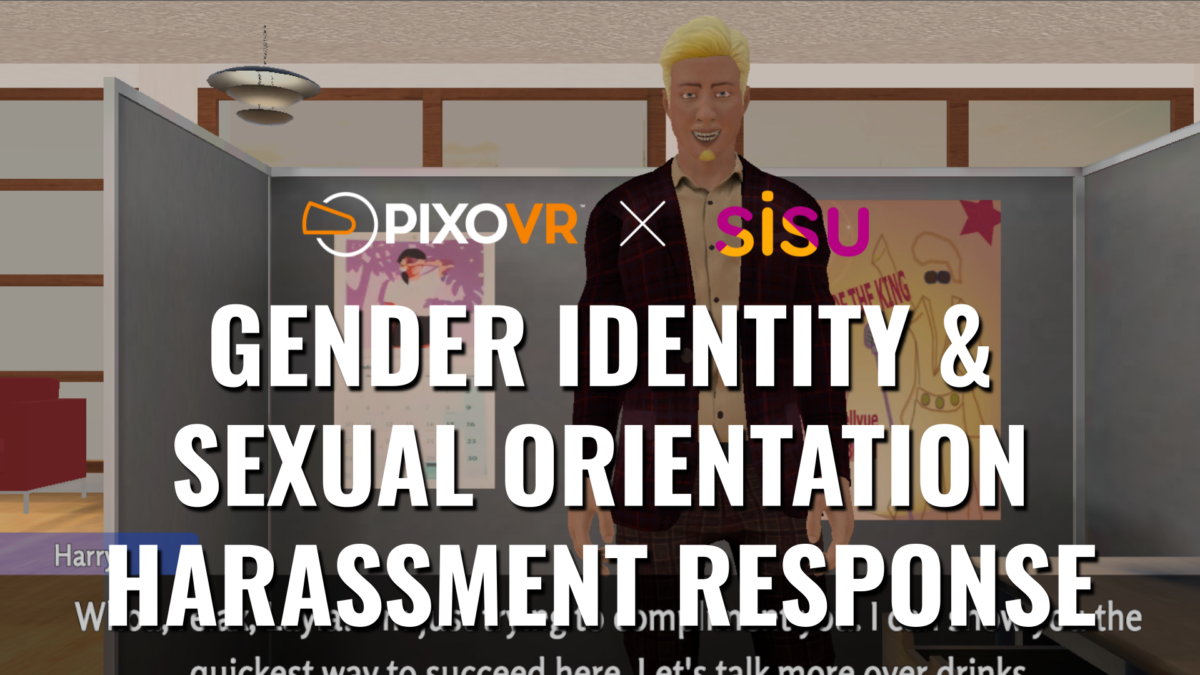 A simulated person in an office with gender identity text overlay