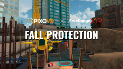 A simulated construction site with PIXO and FreeRangeXR Logo