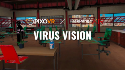 A simulated office showing viruses on the desk