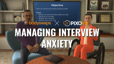 Two people sitting at a table with PIXO VR and bodyswaps logo