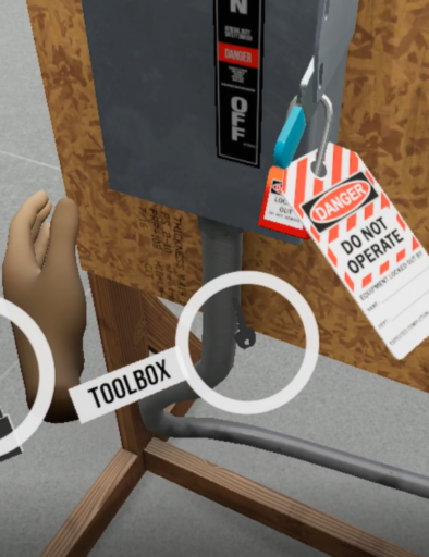 A tagged-out machine in VR Lockout/Tagout Safety Training