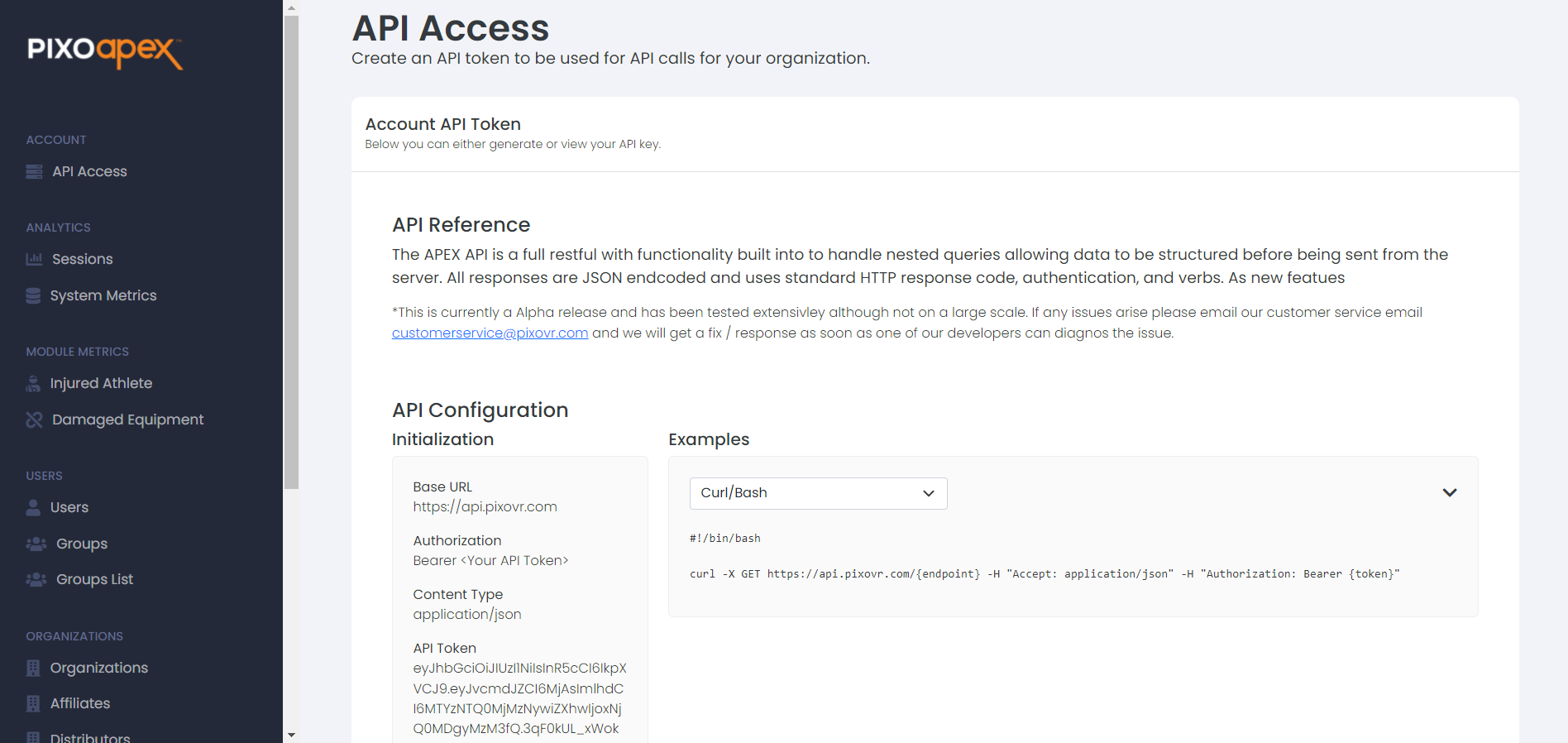 Pixo Apex API access settings