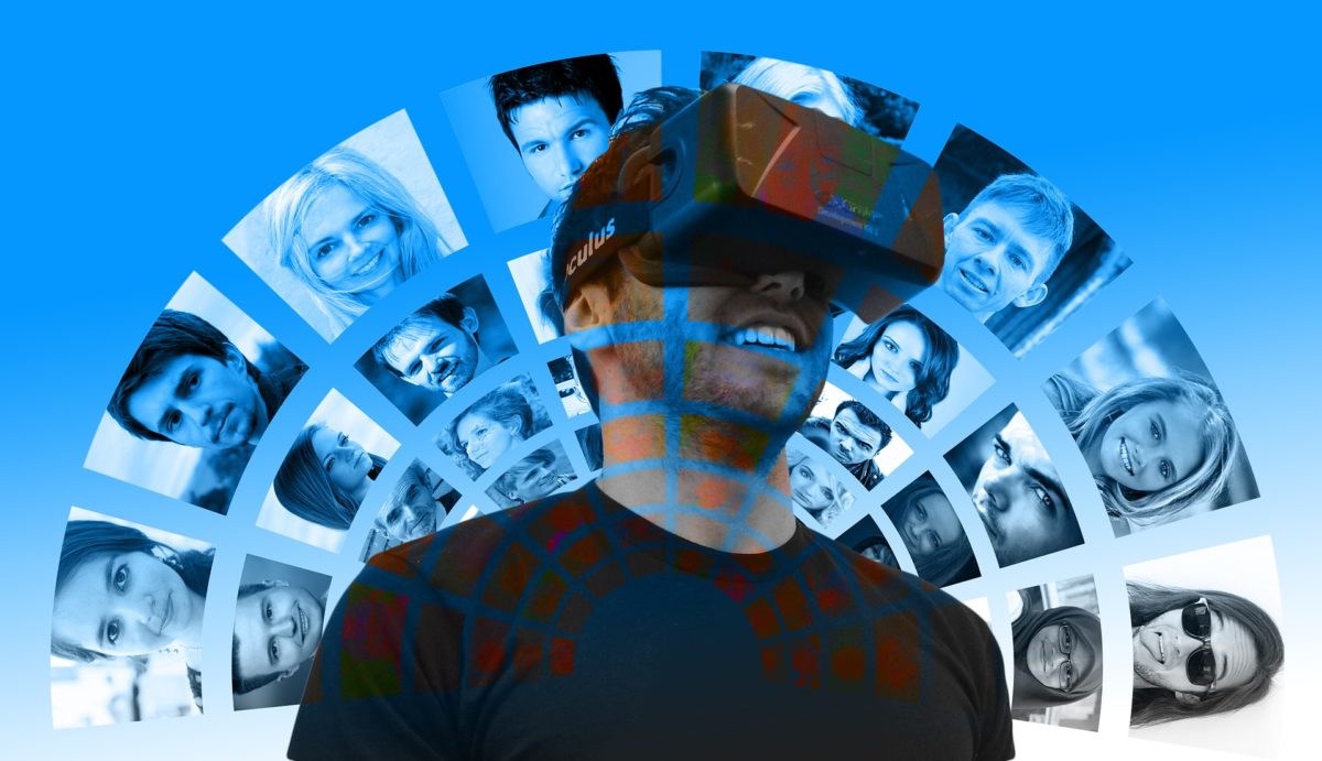 A person using VR with photos of people in the background